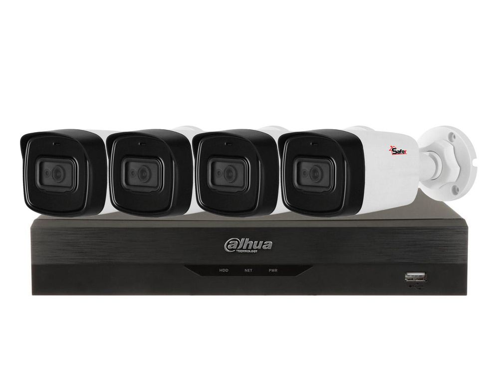 Kit de supraveghere pentru exterior, 4 camere Bullet, 8MP, IR 80m, DVR 4 canale, Functii AI, Dahua KITSAF4X-5MP80F36-A