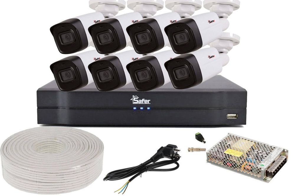 Kit de supraveghere pentru exterior, 8 camere bullet, 5MP, IR 40m, DVR 8 canale, Safer KITSAF8X-5MP80F36-A-ACC