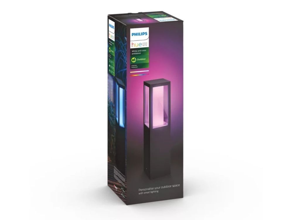 Lampa LED inteligenta de exterior tip stalp Philips Hue Impress 8718696170502, RGBW, 8W, 1180 lm, 2000-6500K, Zigbee, IP44, control aplicatie, negru