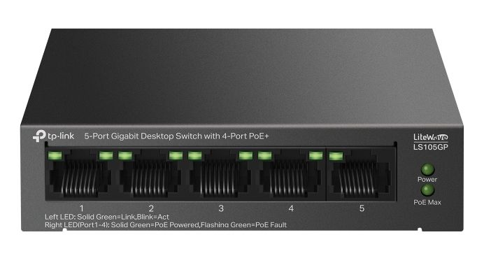 Switch cu 5 porturi, 4x PoE, Gigabit, Tp-Link LS105GP, Buget PoE 65W, pana la 250m