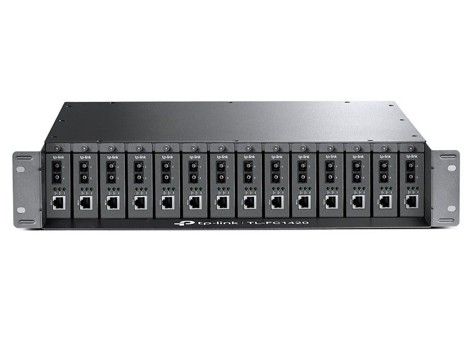 Carcasa rackabila, suporta pana la 14 media convertoare, 5VDC/0.6A, protectie la supratensiune, 2x ventilatoare de racire, TP-LINK TL-FC1420