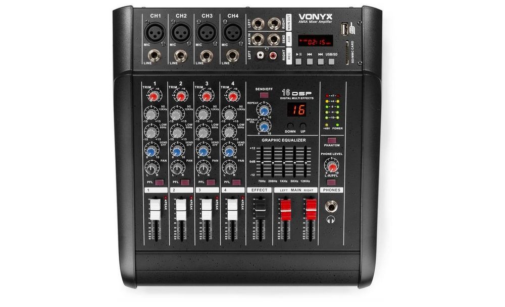 Mixer activ Vonyx AM5A, cu amplificator de 2x 500W, 5 canale, Bluetooth, port USB, MP3, slot SD