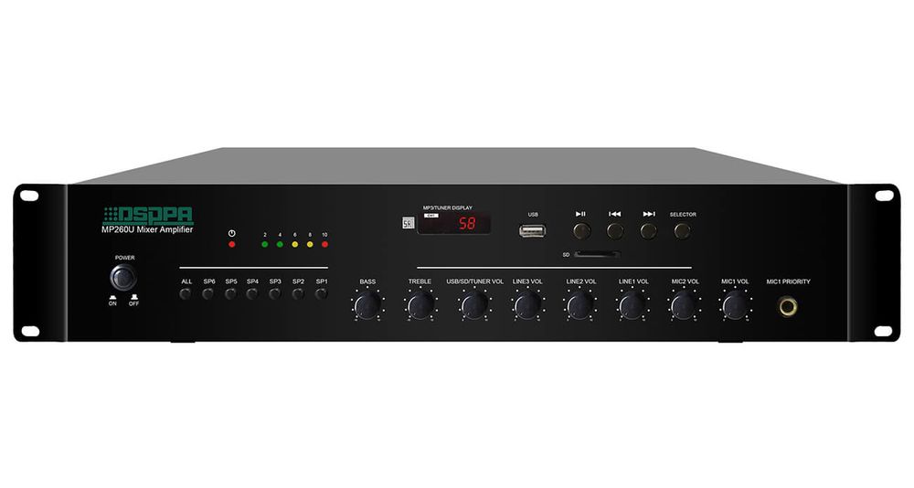 Amplificator cu mixer PA DSPPA 60W, 100V, 6 canale, 3 AUX, 2 MIC, USB, SD, Tuner, MP260U