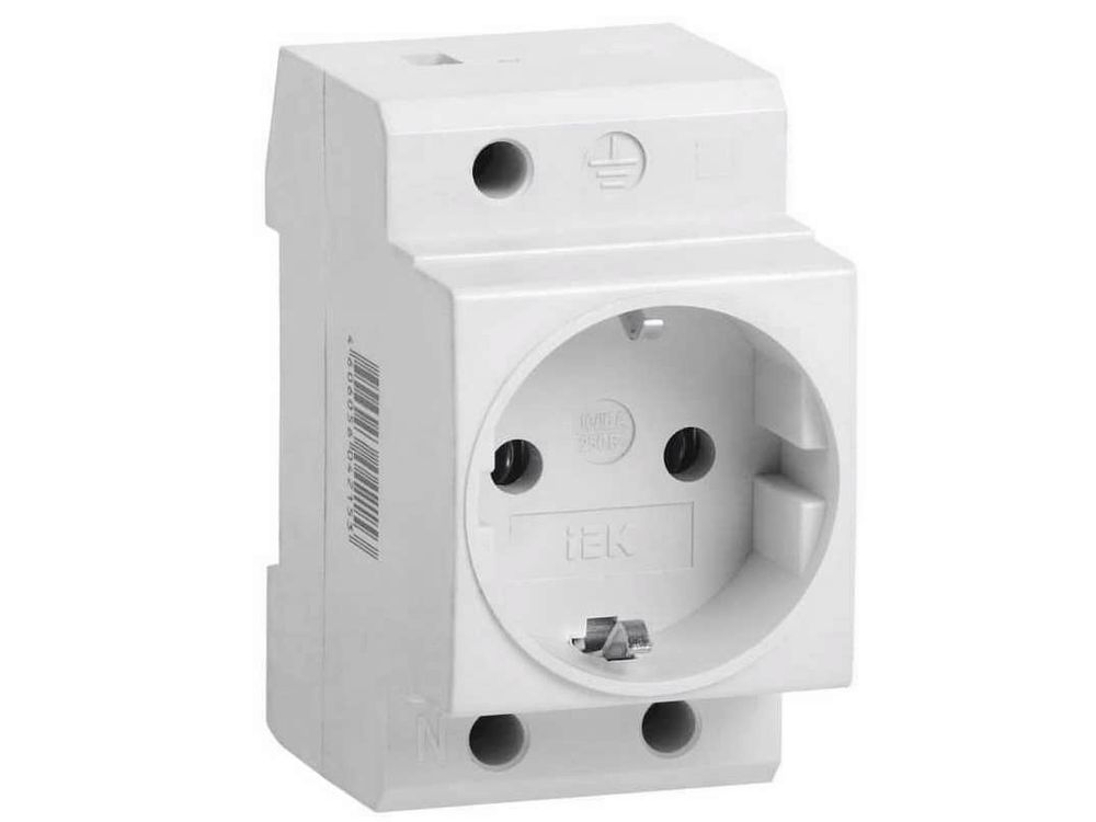 Priza 2P+E, 16A, 250V, montare pe sina DIN 35mm, IP20, 76x 45x 45mm, alb, IEK MRD10-16