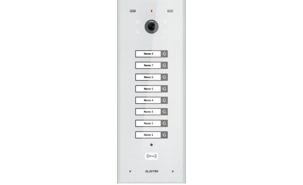 Post exterior videointerfon Electra VPU.08F03.ELWTL, incastrat, 8 familii, ecran din sticla securizata, acces RFID, IP44, alb