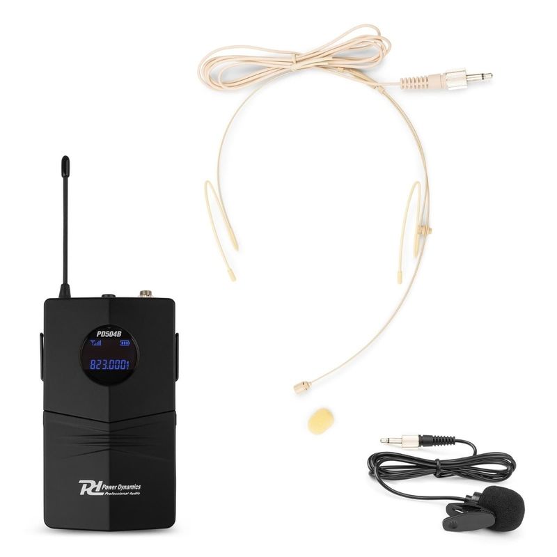 Set bodypack microfon handsfree Power Dynamics, UHF 50 canale, IR sync, lavaliera si casca, jack 3.5mm, pentru PD504, PD504BP