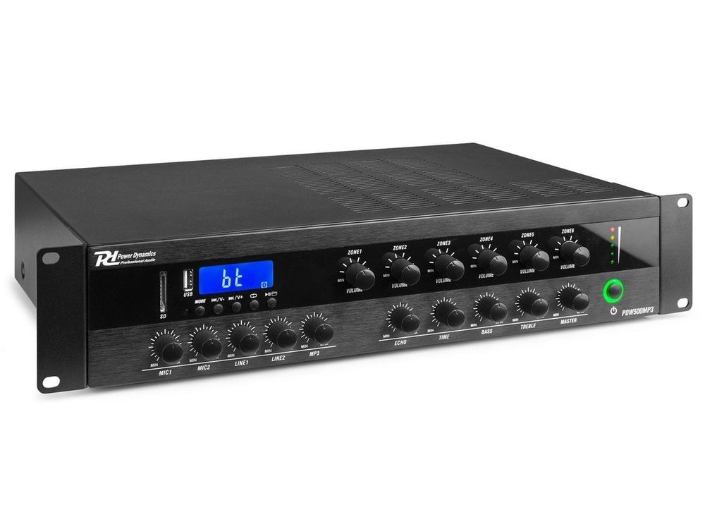 Amplificator PA 100V/70V, 16ohm, 400W RMS, 6 zone, Bluetooth, USB, SD, FM, Power Dynamics PDW500MP3