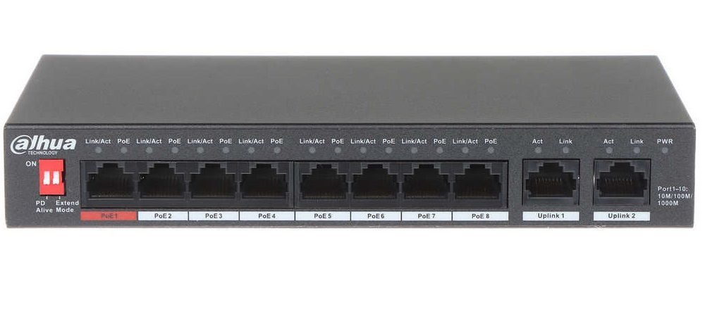 Switch POE 8 canale Dahua PFS3010-8GT-96-V2, 1000MB/s cu 2x Uplink Gigabit, Pana la 96W, WatchDog