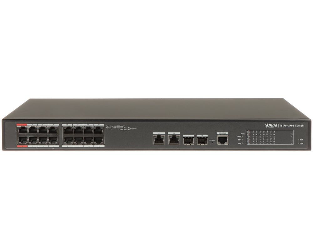 Switch 20 porturi, Dahua PFS4218-16ET-240-V3, 16x porturi PoE 10/100Mbps, 2x RJ45 Gb, 2 SFP GB, 240W, management, PoE watchdog