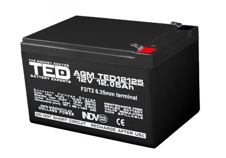 Acumulator 12V, PL 12 AH, AGM VRLA 12V 12,05A, TED12125