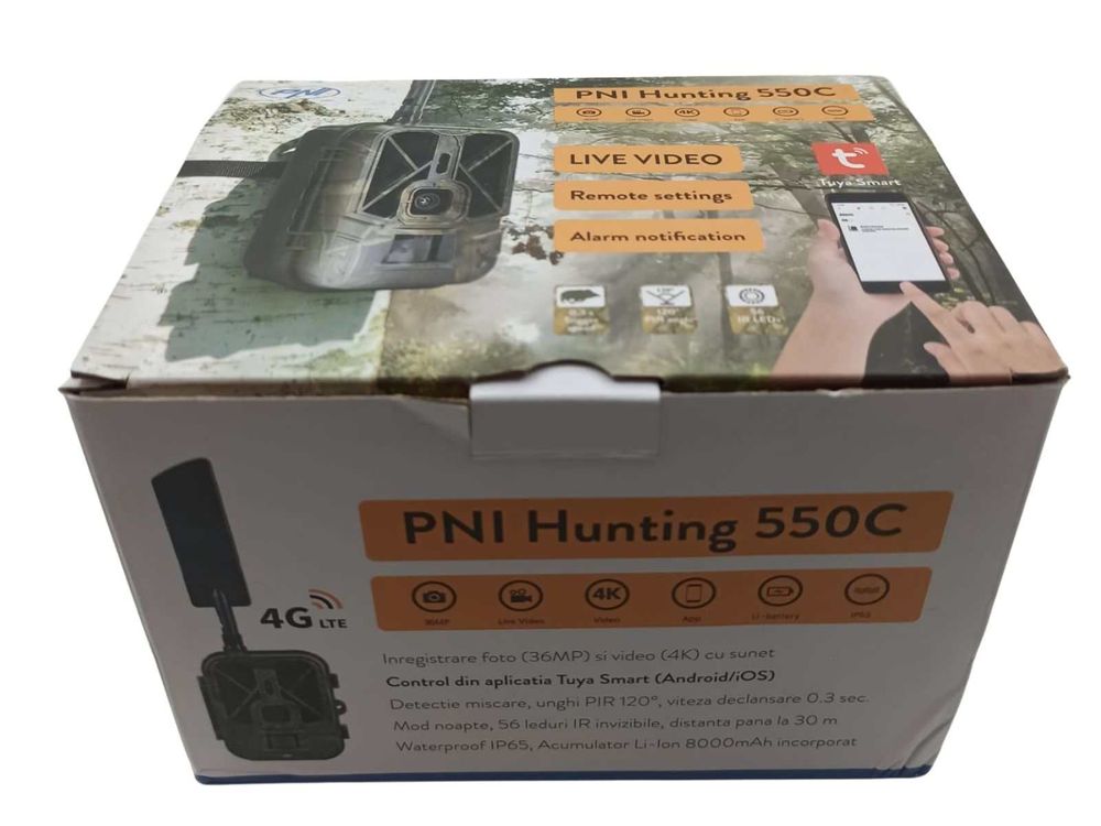 [RESIGILAT] Camera vanatoare 4G LTE, PNI-HUNT550C-R1, video 4K, foto 36MP, 4mm, IR30m, PIR 120°, aplicatia Tuya, acumulator 8000mAh, IP65