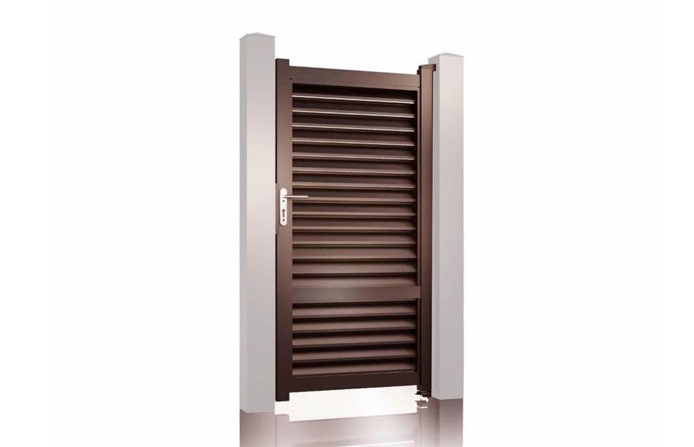 Poarta pietonala exterior Virtuoso Baldur, aluminiu, 900x1800mm, maro, lamele inclinate, soft-close, rezistenta meteo, 50-825/8017/D