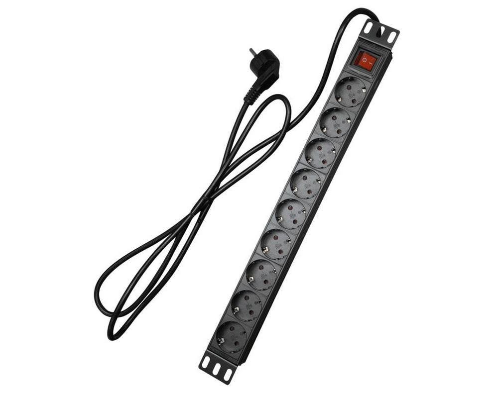 Priza rackabila cu 9 posturi SCHUKO cu intrerupator 1U, 250VAC 16A, negru, Safer PDU-9P1U-SWITCH
