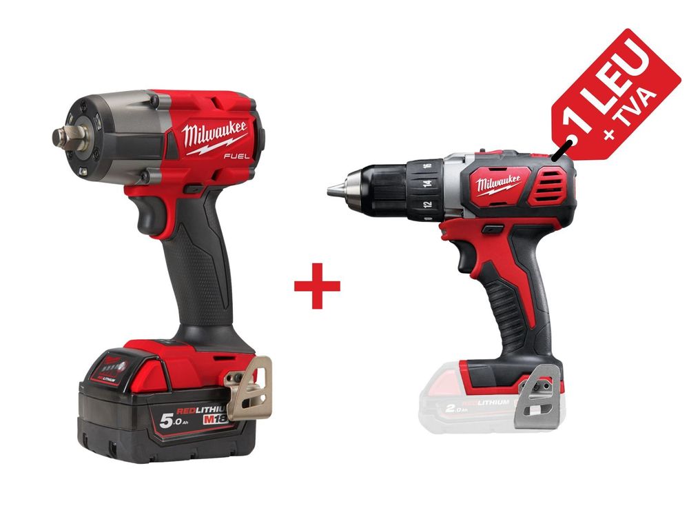PROMO: Kit cheie de impact cu acumulator Milwaukee M18 FMTIW2F12-502X, cuplu 745 Nm + Masina de gaurit compacta M18, 50 Nm, mandrina 13mm, 4933478450-PROMO