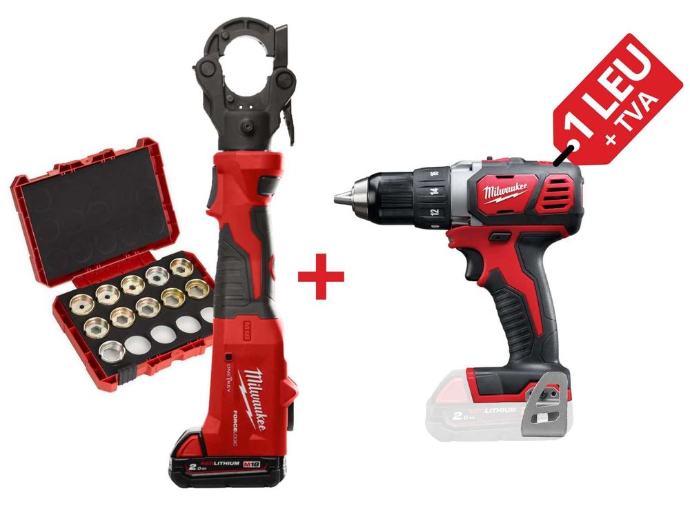 PROMO: Kit presa hidraulica Milwaukee ONE-KEY M18 ONEHCCT60-202C, 60 kN, 18V + Masina de gaurit compacta M18, 50 Nm, mandrina 13mm, bacuri sertizare, 4933479684-PROMO