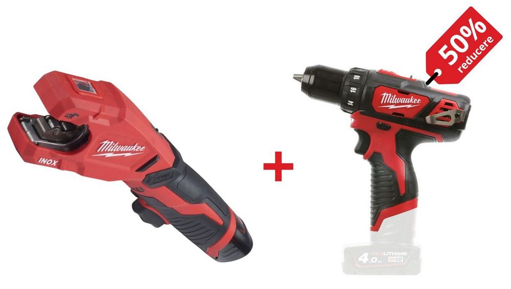 PROMO: Kit taietor de tevi cu acumulator M12 Milwaukee RAPTOR, pentru tevi din otel + Masina de gaurit subcompacta M12, 30Nm, 4933479242-PROMO