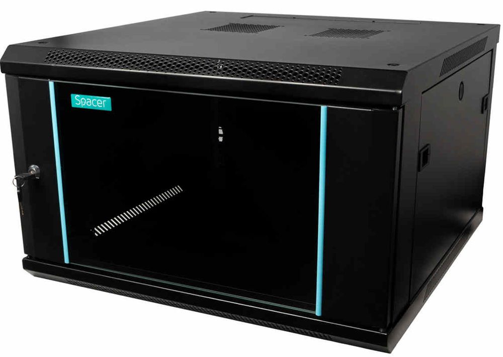 Rack perete 6U 19″ 600x600mm, usa sticla cu blocare, panouri detasabile, Spacer SPCW-6U-600-BK-03