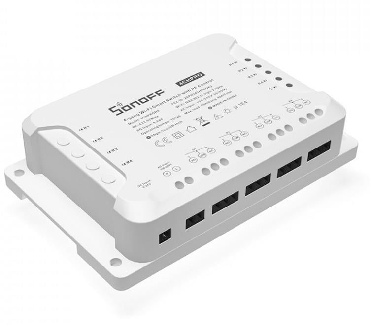 Releu wireless 4 canale 10 Amperi, SONOFF 4CHPROR3, Wi-Fi, control RF 433MHz, control vocal, LAN, montare sina DIN