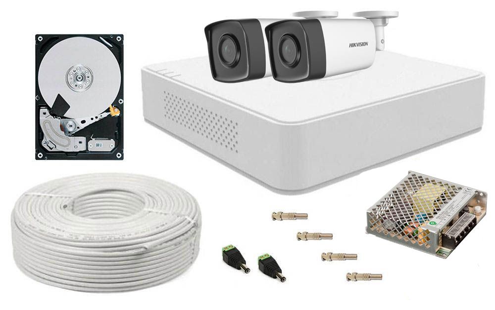 Kit supraveghere video, DVR Full HD, cu 2 camere tip bullet, smart IR 40m, Hikvision SAF-2XFHDIR40ACC-1TB-1