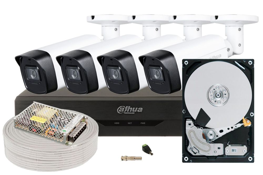 Kit de supraveghere complet 4 camere de 5MP IR 80m, 1x HDD, Dahua SAF-4X5MP80-2TB