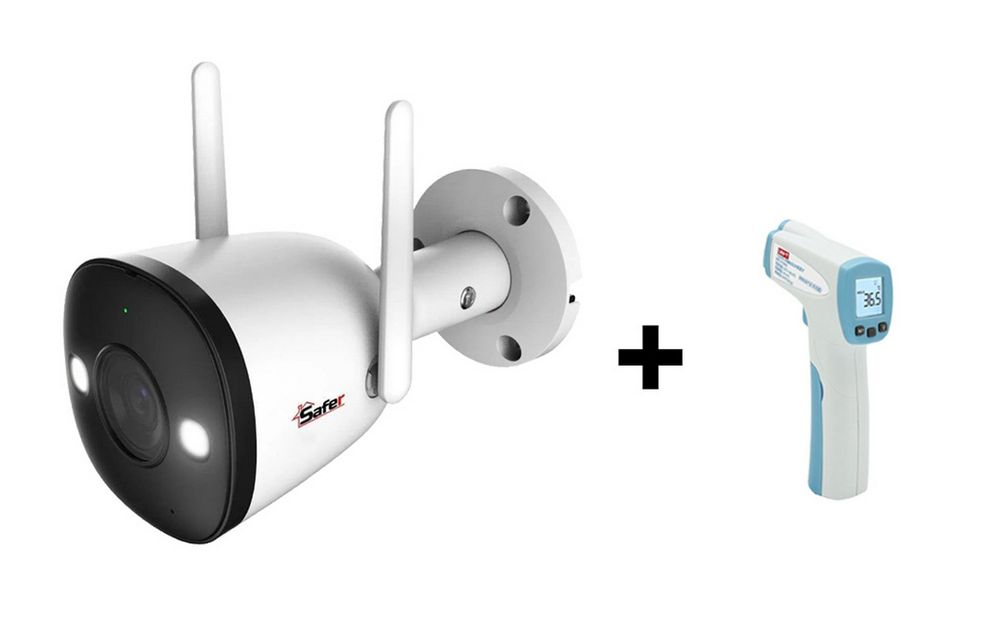 Kit camera bullet IP wireless Guardian Safer, 2K, Iluminare duala, Audio, Alarma, si termometru, SAF-WB42FEP+UT305H