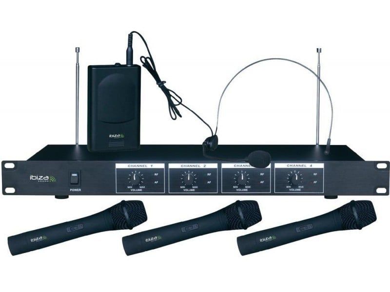 Set 4 microfoane wireless 3 de mana + 1 casca Ibiza VHF4