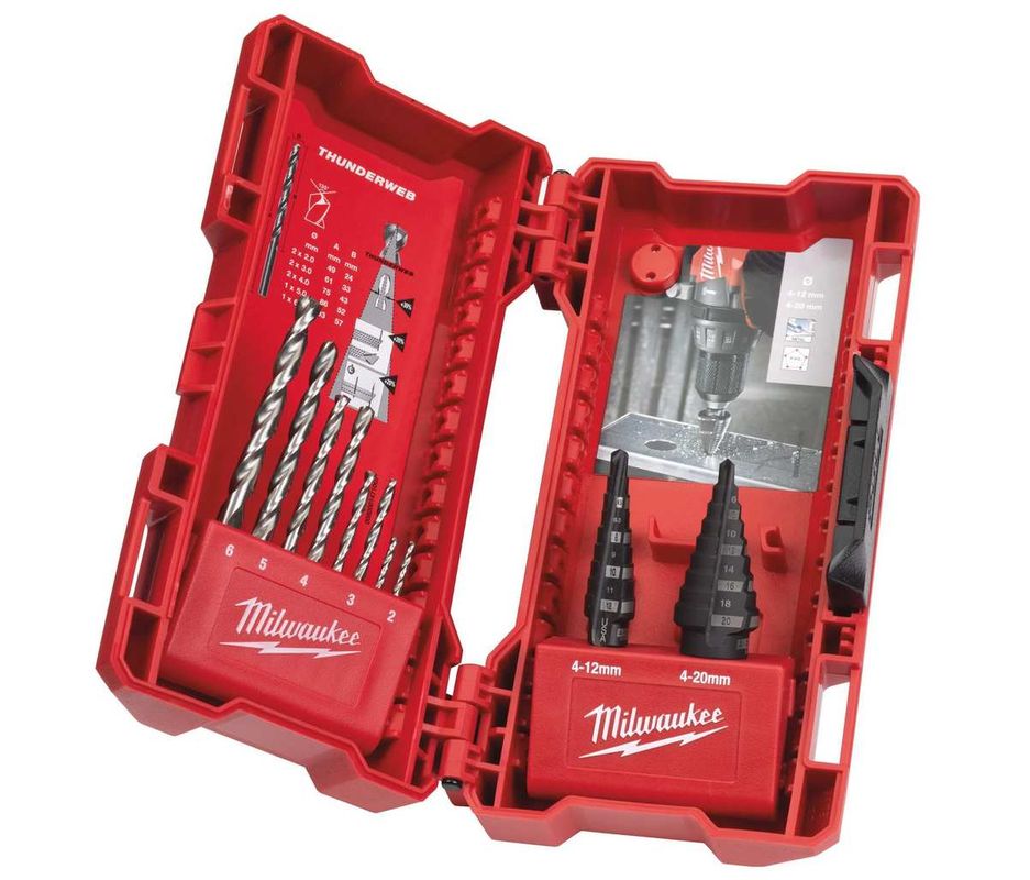 Set burghie Milwaukee, 2 in trepte, 8 de metal, 10 piese, pentru metal, plastic si otel inoxidabil, 48899350