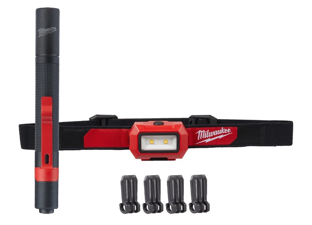 Set lanterne Milwaukee HL2IPL-LED, lanterna tip stilou + lanterna frontala slim, alimentare AAA, tehnologie TrueView, 4933492103