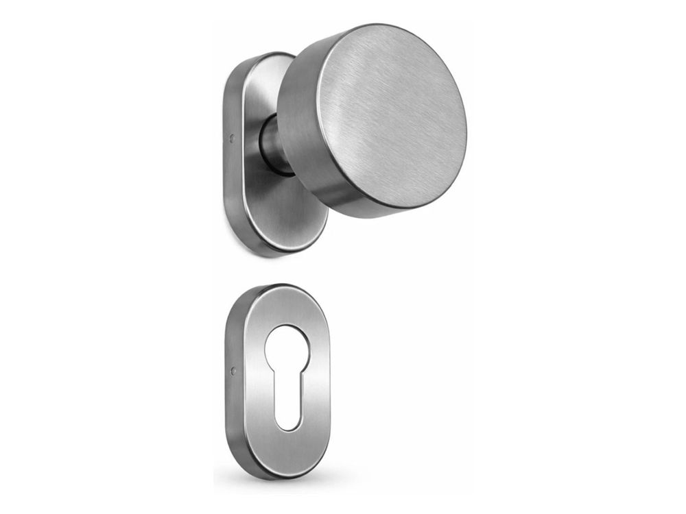 Set manere poarta TEK, inox satinat AISI 316, buton cilindric cu arc, rezistent la coroziune, exterior, 24-511/O/316/SATIN
