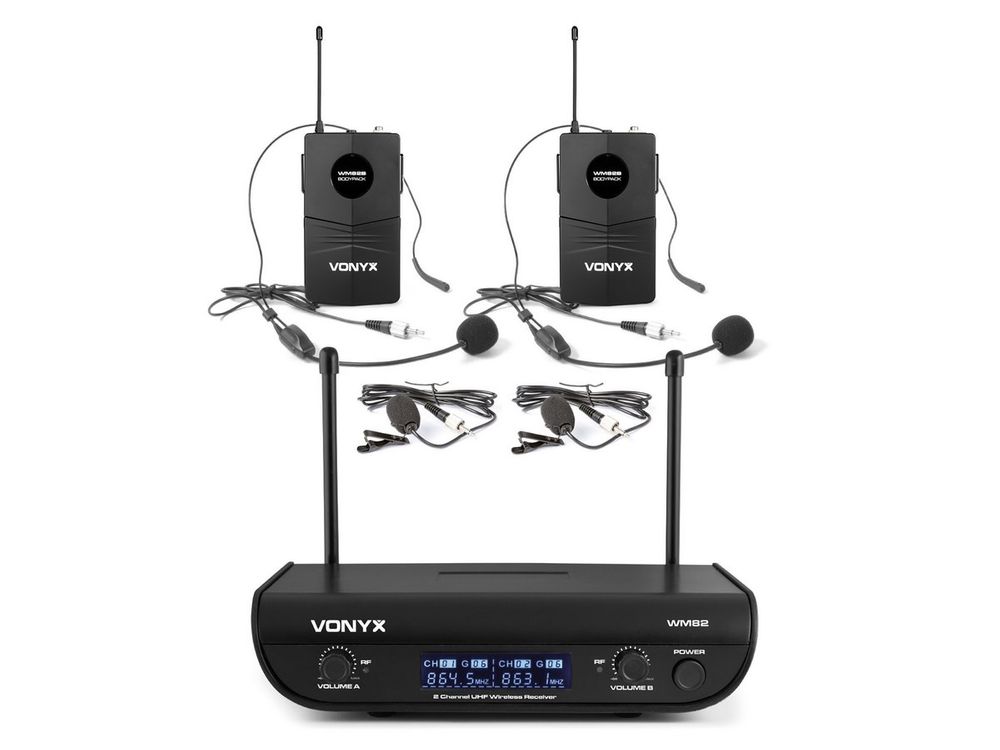 Set 2 microfoane lavaliera si 2 microfoane cu casca wireless UHF, transmitator cu afisaj, iesiri Jack 6.3mm, XLR, baterii 2x AA 3V, Vonyx WM82B