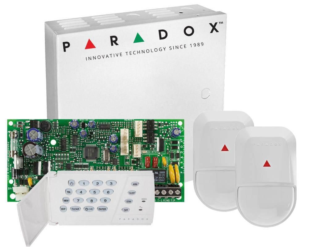 Sistem de alarma 2 zone Paradox SP4000+K636+2xNV5, cu tastatura LED si 2 detectori NV5