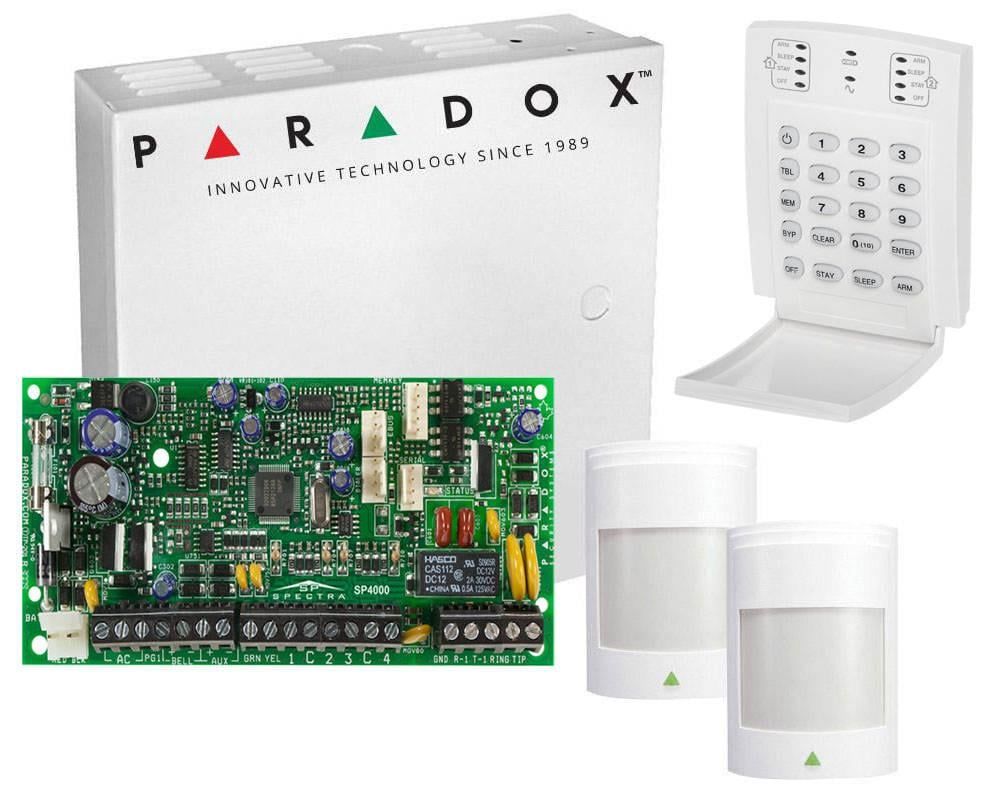 Sistem de alarma 2 zone Paradox SP4000 cu tastatura LED si 2 detectori PIR, SP4000+K10+2XPRO476