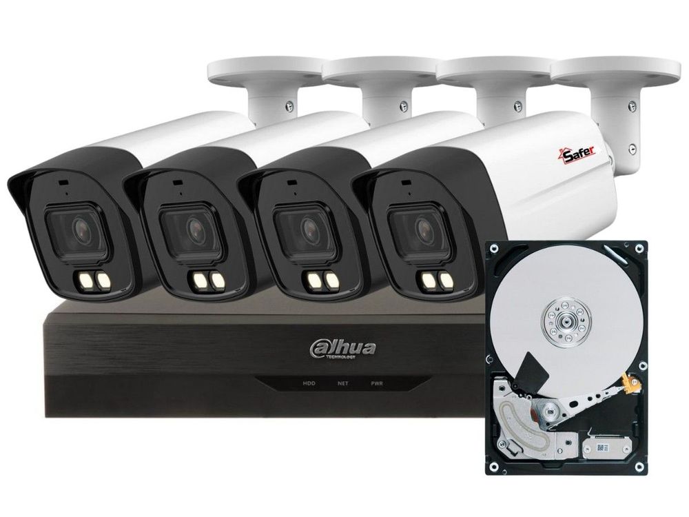 Sistem de supraveghere 4 camere exterior, 8MP 4K, 2.8mm, LED Alb 40m, DVR cu AI, HDD 2TB Dahua KITSAF-4X-8MP28I20-HDD