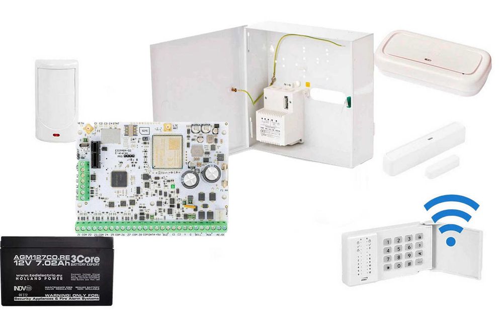 Sistem de alarma wireless hibrid, 144 zone,  tastatura, detector, sirena de interior, Eldes KITESIM384PCB