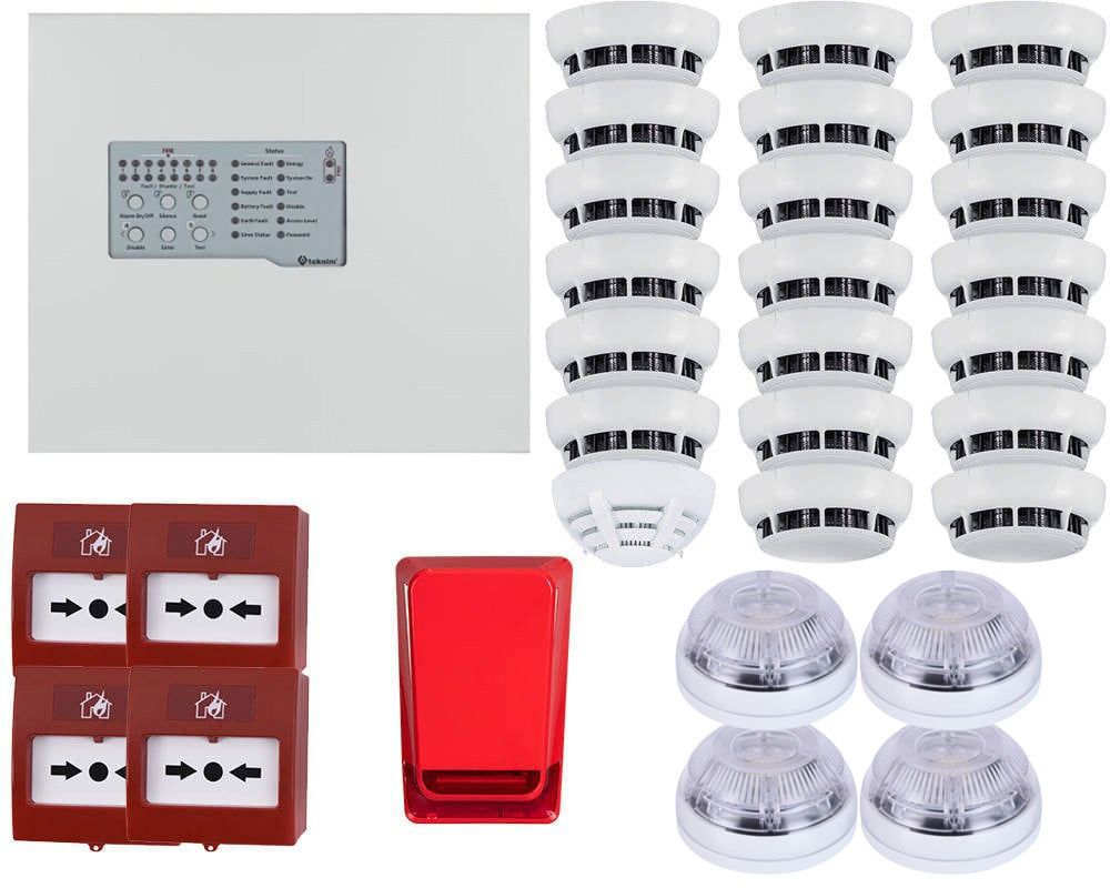 Sistem detectie incendiu conventional, 20 senzori de fum, detector gaz, sirena interior/exterior, Teknim, KITCONVTEKX20