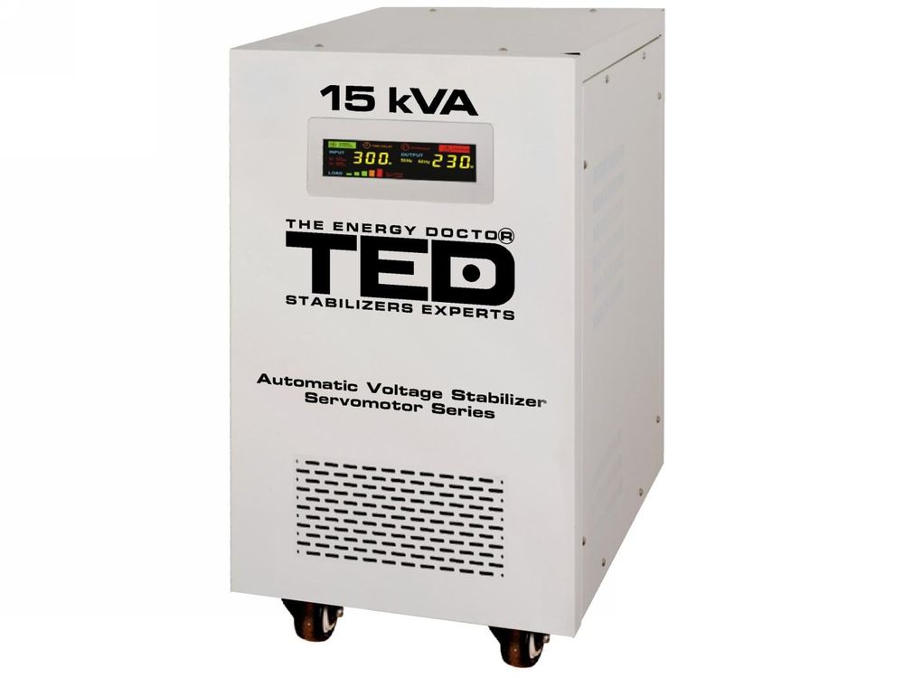 Stabilizator tensiune servomotor monofazat TED Electric, 15kVA, 12kW, LCD, terminal block, bypass manual, TED000095