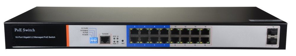 Switch Gigabit 16 porturi PoE+ 250W + 2 SFP Gigabit