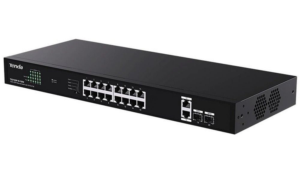 Switch PoE+ Tenda TND-TEG1120P-16-150W, 20 porturi, fara management, 18x porturi GE, 2x porturi SFP, 135W, protectie 6KV, mod Extend 250m