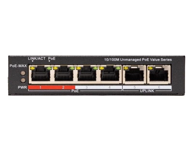 Switch PoE 4 port Fast Ethernet, 45W, Unmanaged, Hikvision, management PoE inteligent, transmisie PoE lunga distanta 250m, protectie supratensiune 6kV, NS-0106P-45(B)