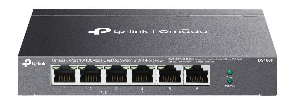 Switch PoE 6 porturi 10/100, TP-Link Omada DS106P, 4 porturi PoE+, pana la 67W, montaj desktop, fara management