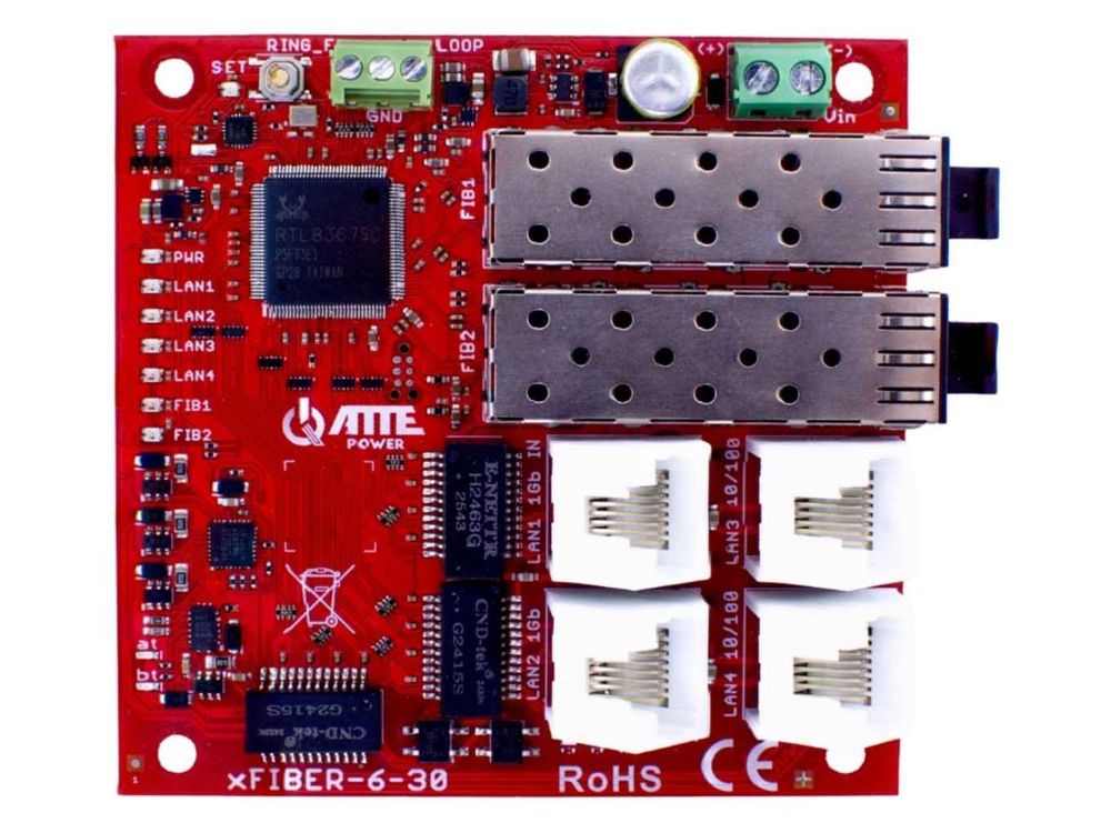 Switch PoE Atte xFIBER-6-30-OF, 6 porturi, 3xPoE OUT, 1xPoE IN, 2xSFP, 8.4 Gbps, topologie Ring, 30-58V, detectie bucla, fara management