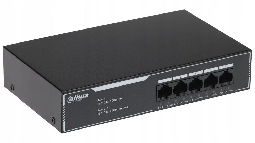 Switch PoE Dahua SG1005LP, 5 porturi Gigabit, 4xPoE, unmanaged, PoE 36W