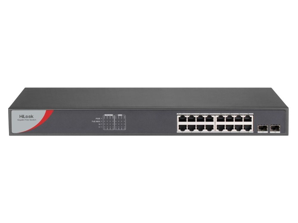 Switch PoE HiLook NS-0518P-125(B), 16 porturi Gigabit PoE, 2 porturi SFP, 125 W, 802.3af/at, 36 Gbps, metalic