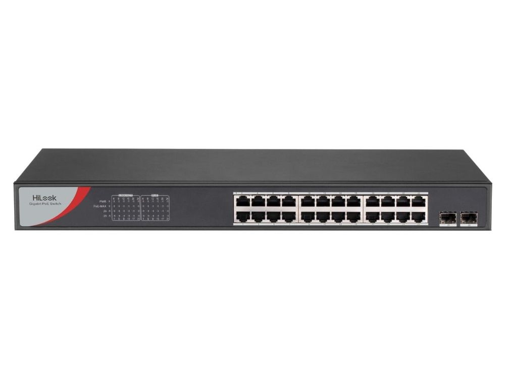 Switch PoE HiLook NS-0526P-225(B), fara management, 24 porturi Gigabit, 2 SFP, protectie 6KV, buget 225W, carcasa metal