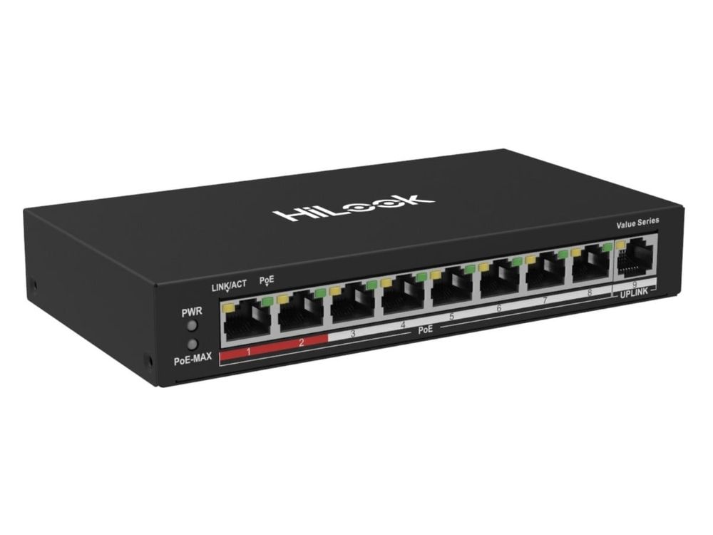 Switch PoE pentru supraveghere IP HiLook NS-0109P-60(B), 8 porturi Fast Ethernet PoE, 1 port RJ45, 60 W, 802.3af/at, 250 m, fara management