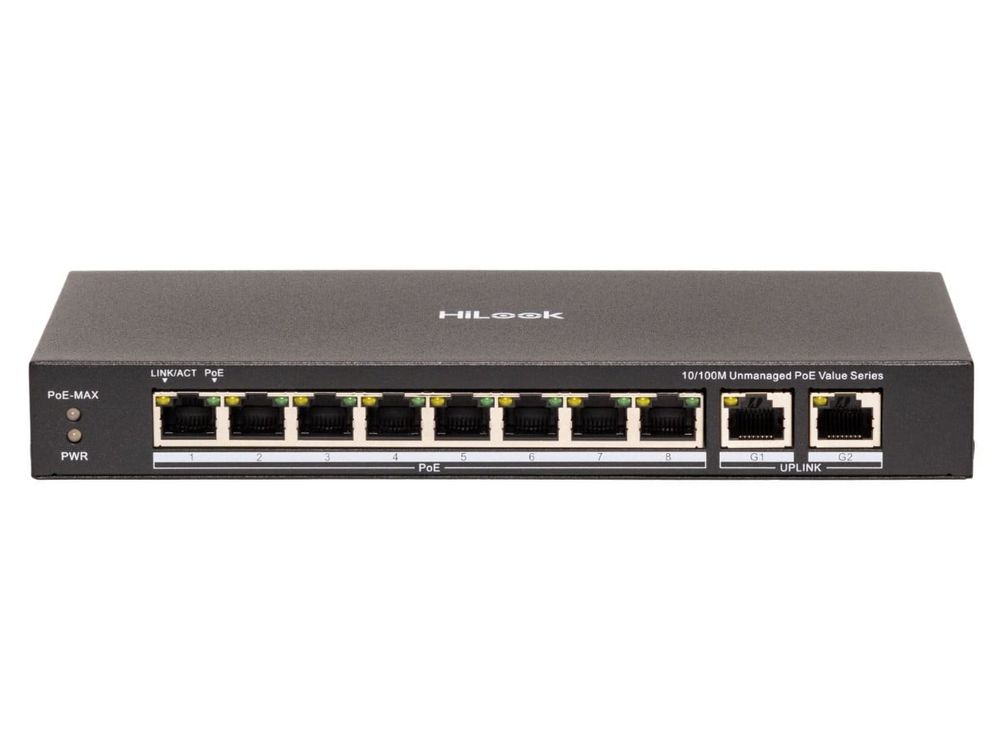 Switch PoE pentru supraveghere IP HiLook NS-0310P-80(B), 8 porturi Fast Ethernet PoE, 2 porturi RJ45 Gigabit, 80 W, 802.3af/at, 300 m, fara management