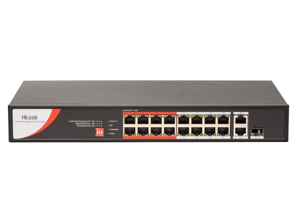 Switch PoE pentru supraveghere IP HiLook NS-0318P-130(C), 16 porturi Fast Ethernet PoE, 1xRJ45 Gigabit, 1xRJ45/SFP combo, 130 W, fara management