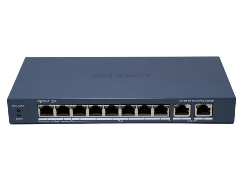 Switch PoE smart Hikvision DS-3E1310HP-EI(B), 8xFast Ethernet PoE, 2xGigabit uplink, 110W, PoE 300m, protectie supratensiune 6kV