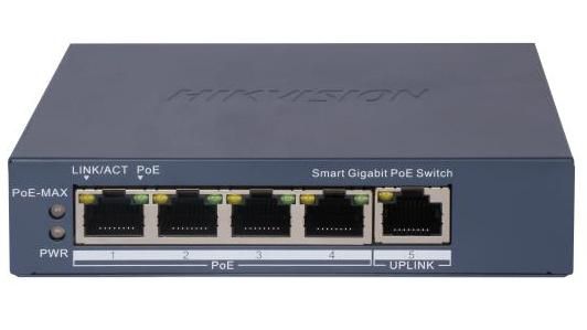 Switch PoE smart pentru camere IP Hikvision DS-3E1505P-EI, 4x Gigabit PoE + 1x uplink, 60W