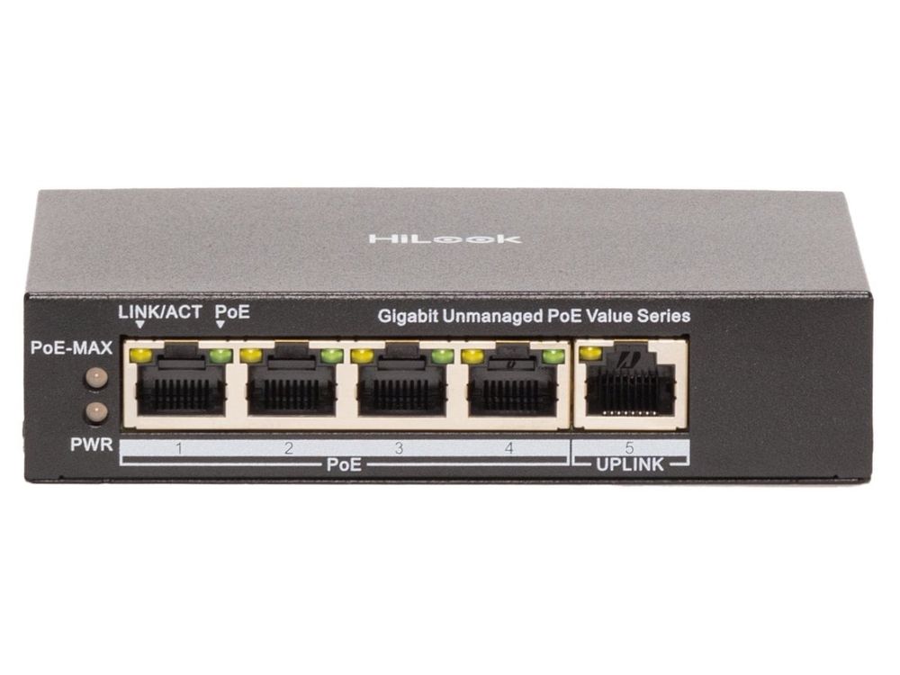 Switch PoE supraveghere HiLook NS-0505P-45(B), 4 porturi Gigabit PoE, 1 uplink Gigabit, buget 45W, PoE 30W/port, protectie 6 kV, fara ventilator